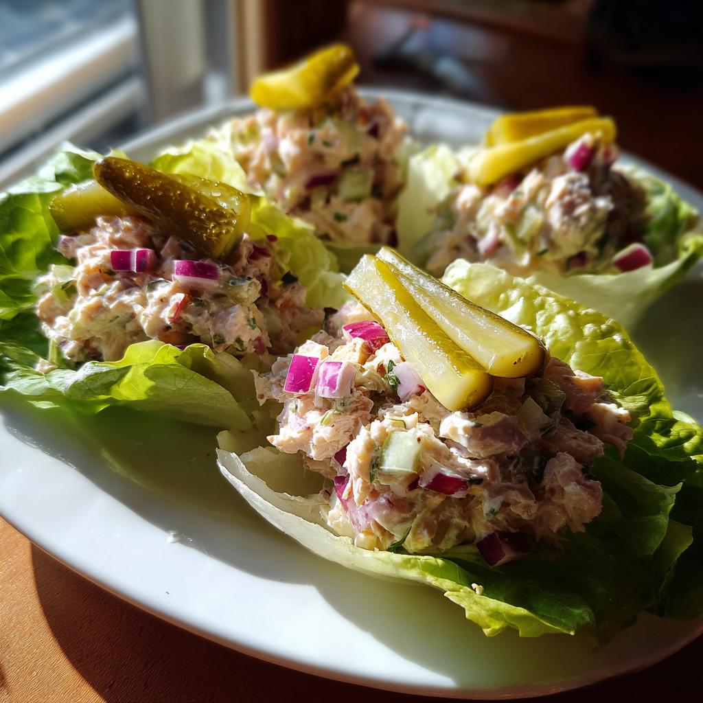 Tuna salad lettuce cups with pickles on a white plate in natural light