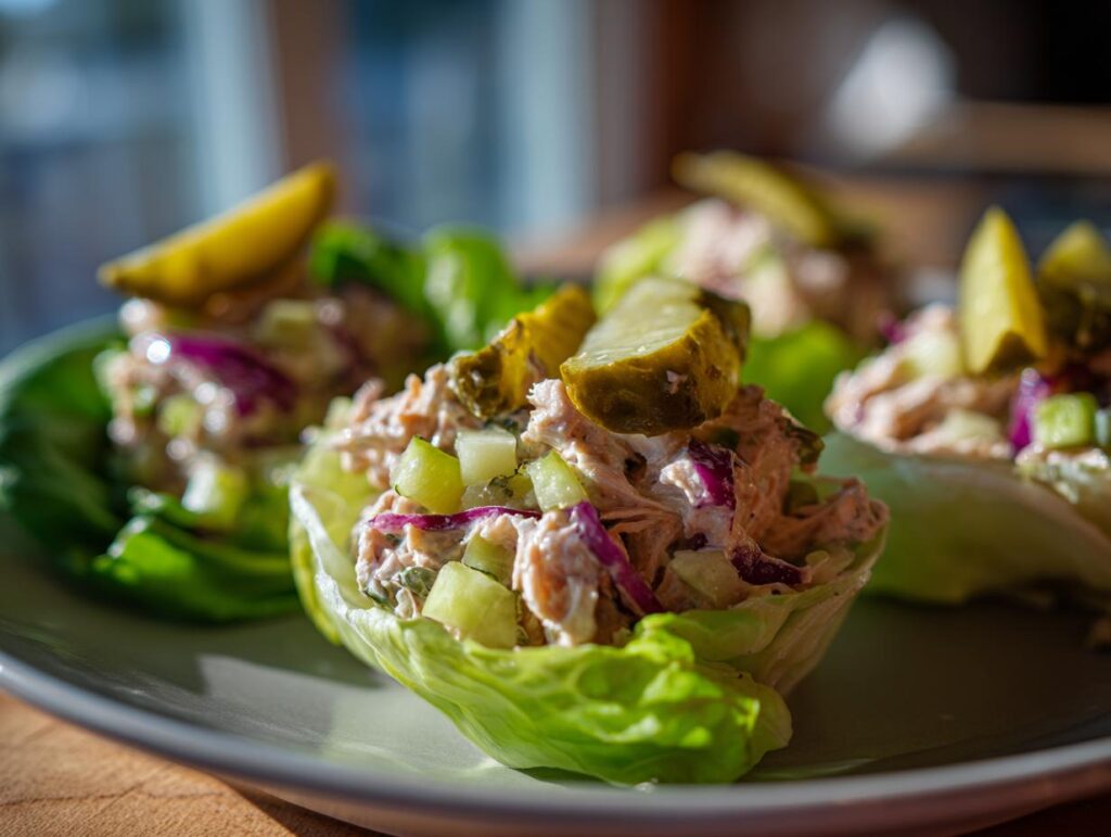 Tuna salad lettuce cups with pickles on a plate, featuring diced cucumbers and red onions
