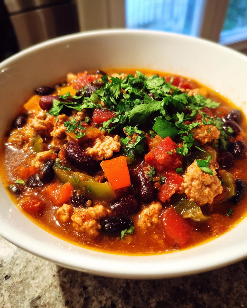 Close-up of turkey and bean chili with veggies topped with fresh chopped cilantro in a white bowl.