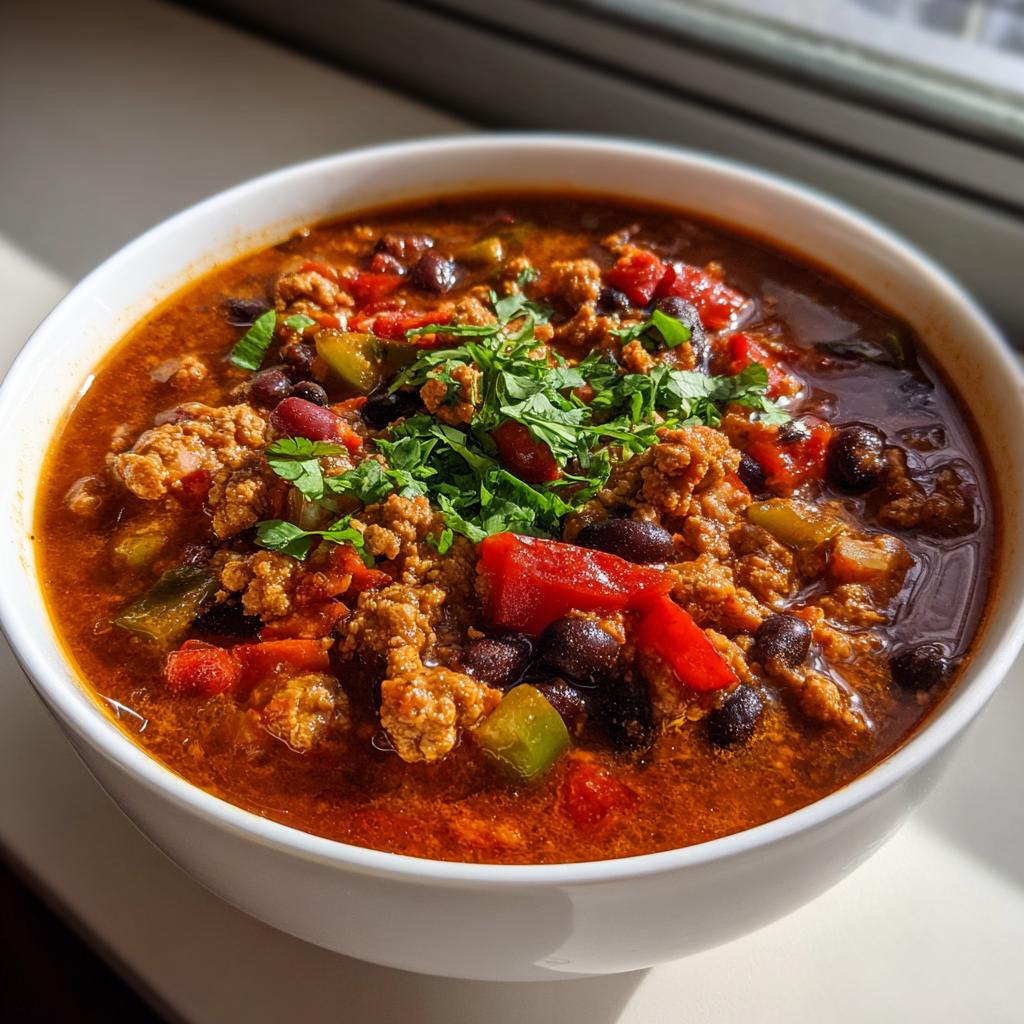 Bowl of turkey and bean chili with veggies topped with fresh cilantro