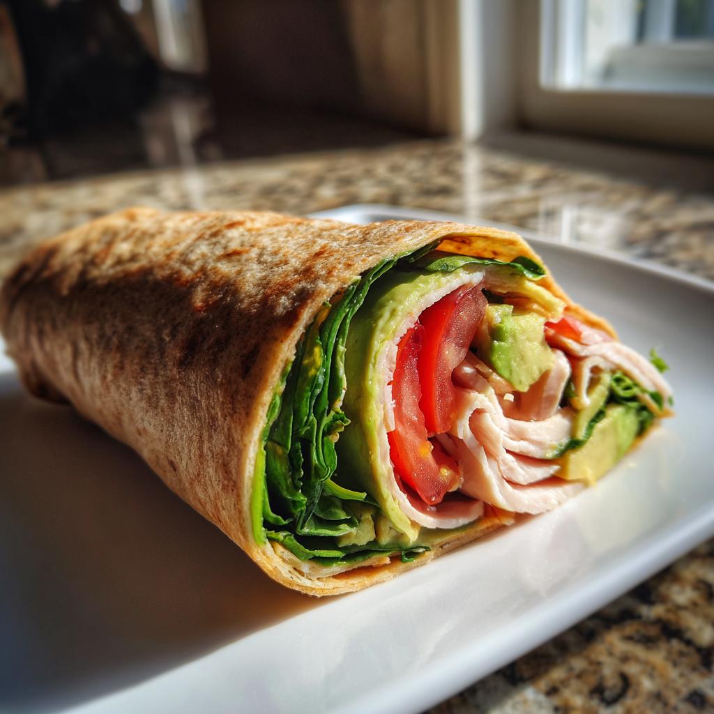 Close-up of a turkey avocado wrap with spinach and tomato on a white plate.