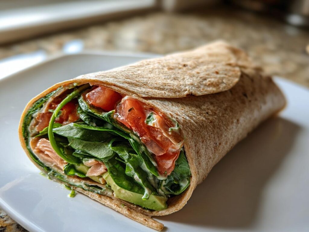 Close-up of a turkey avocado wrap with spinach and tomato on a white plate