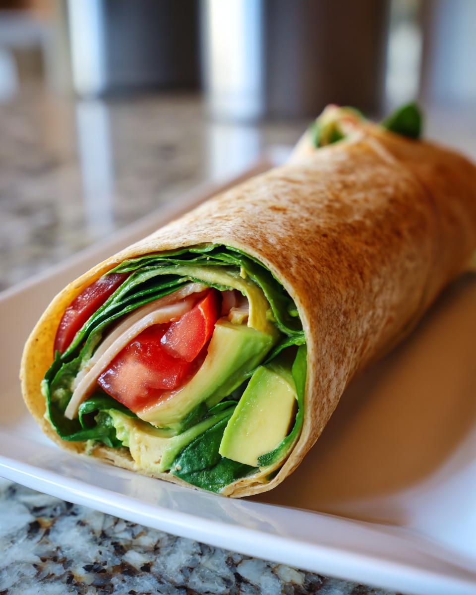 Close-up of a turkey avocado wrap with spinach and tomato on a white plate.