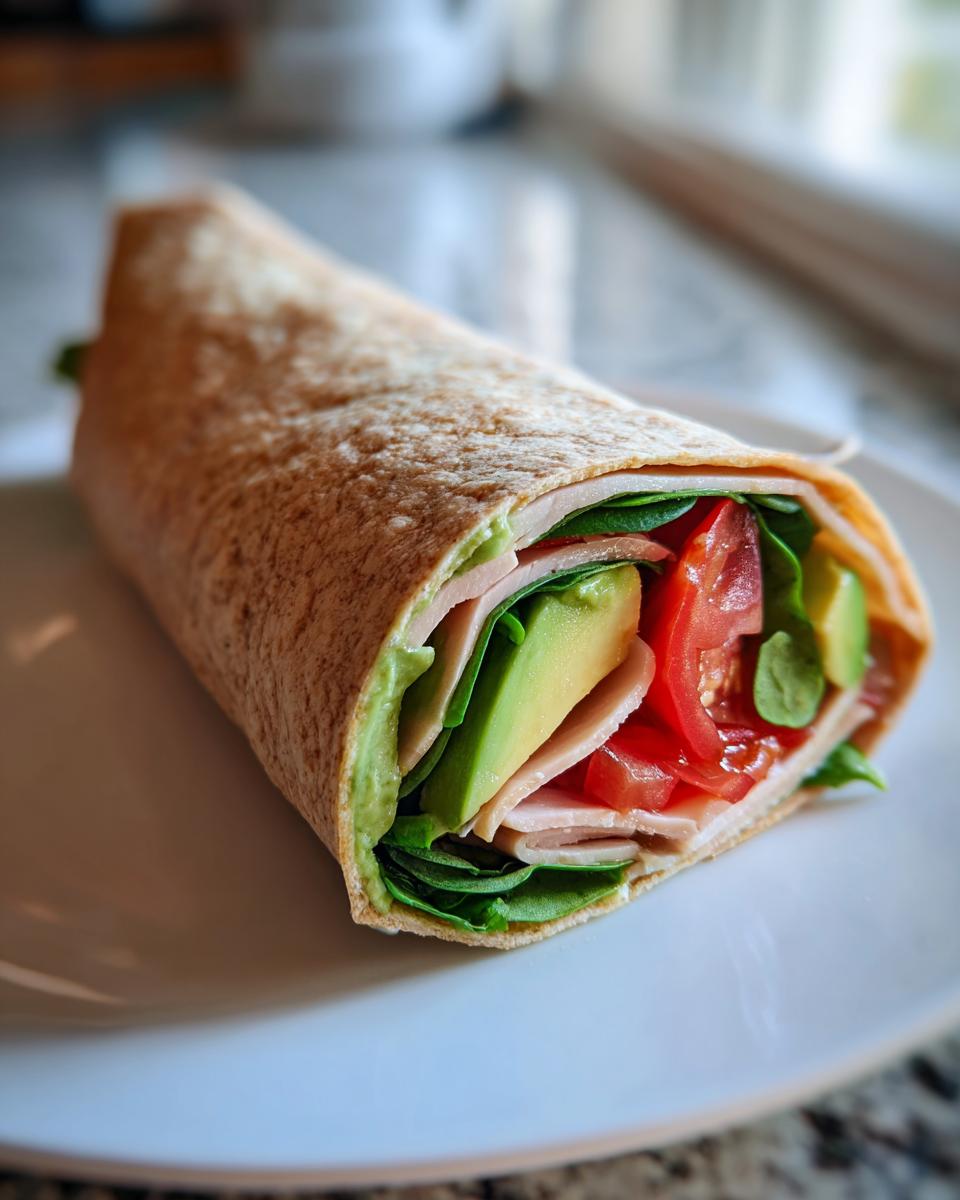 Close-up of a turkey avocado wrap with spinach and tomato on a white plate.