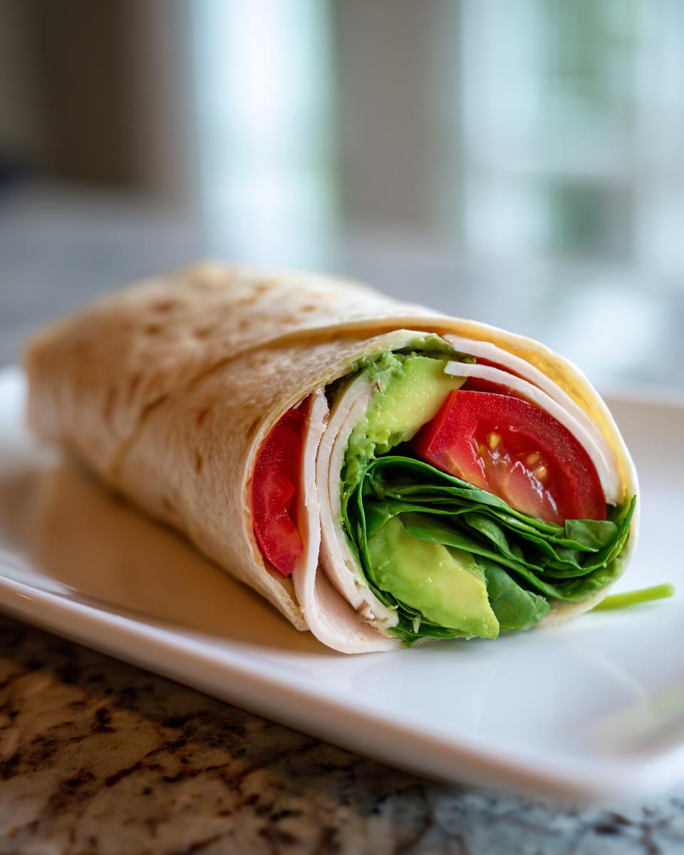 Close-up of a turkey avocado wrap with spinach and tomato on a white plate.