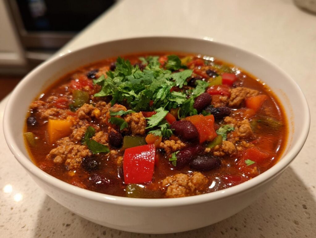 Bowl of turkey and bean chili with veggies topped with fresh cilantro on countertop
