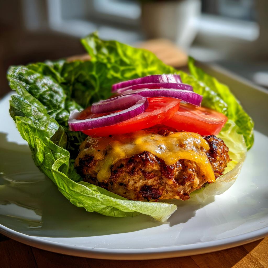 Turkey burger lettuce wraps with cheese topped with tomato slices and red onion rings on a white plate
