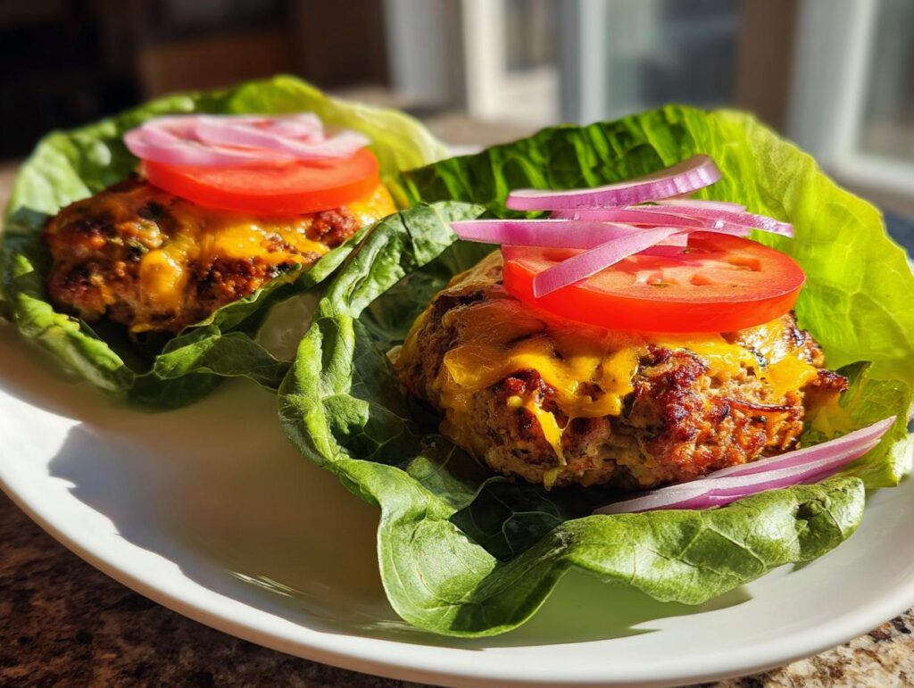 Two turkey burger lettuce wraps with cheese topped with tomato slices and red onion on a white plate.