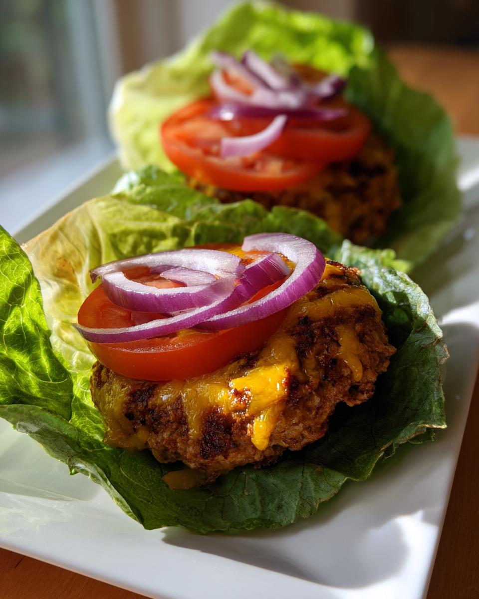 Two turkey burger lettuce wraps with cheese, tomato slices, and red onion on a white plate.