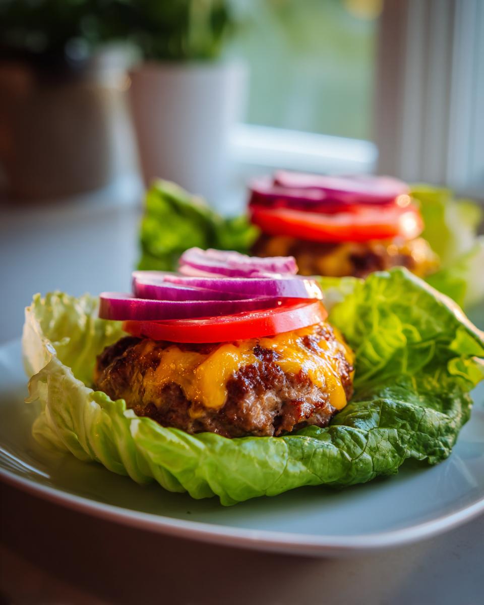 Turkey burger lettuce wraps with cheese topped with tomato and red onion slices on a plate