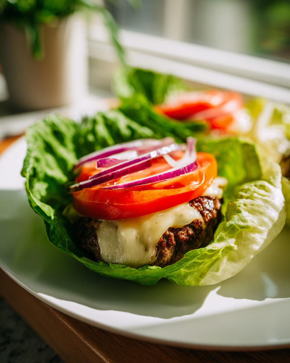Turkey burger lettuce wraps with cheese topped with tomato slices and red onion on a white plate.