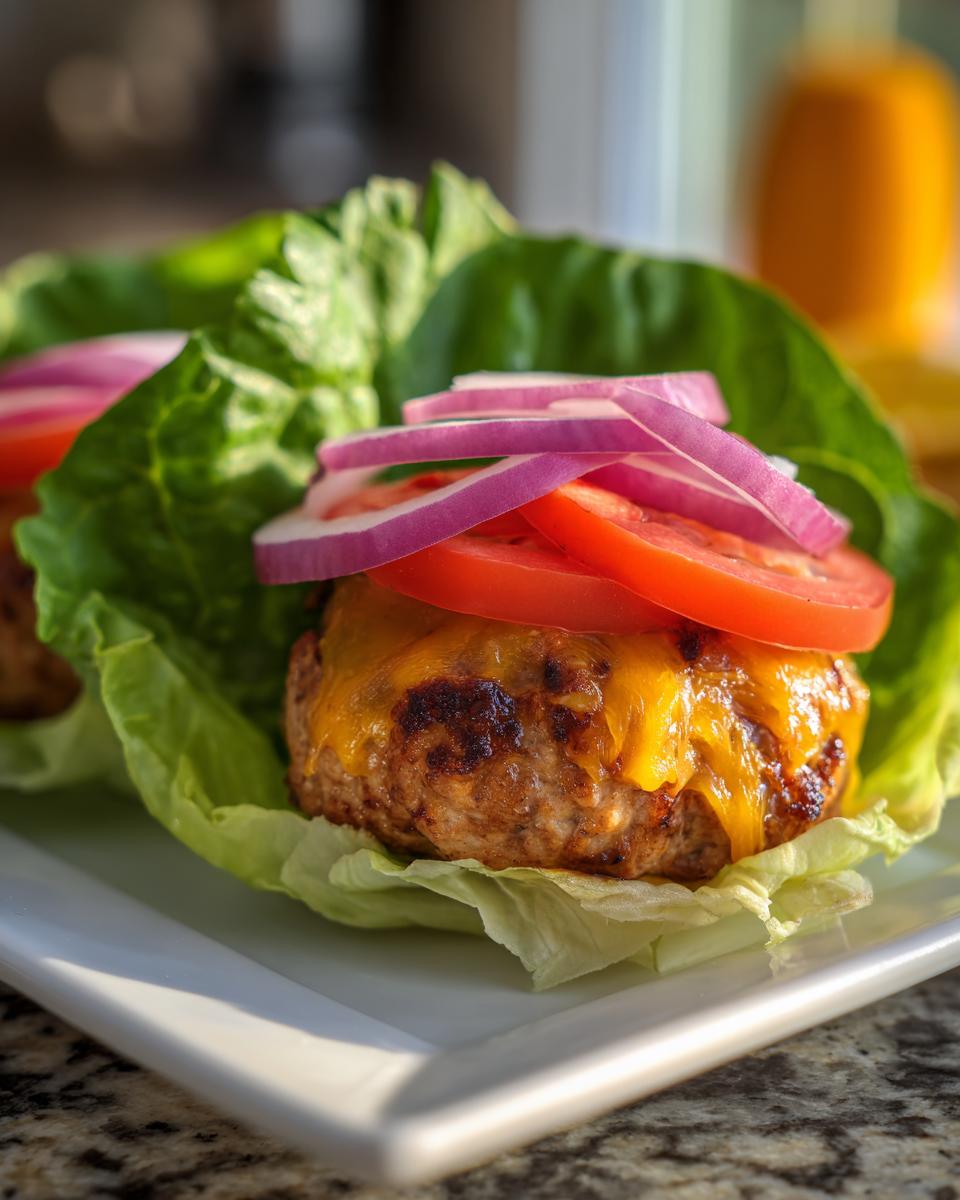 Close-up of turkey burger lettuce wraps with cheese, tomato slices, and red onion rings.