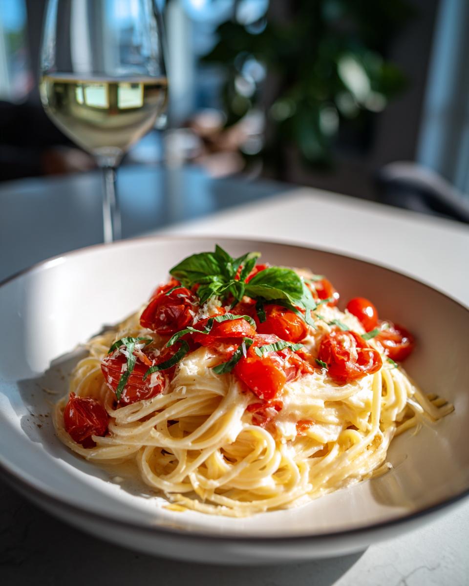 Plate of creamy pasta topped with cherry tomatoes and fresh basil for valentines date night pasta recipes