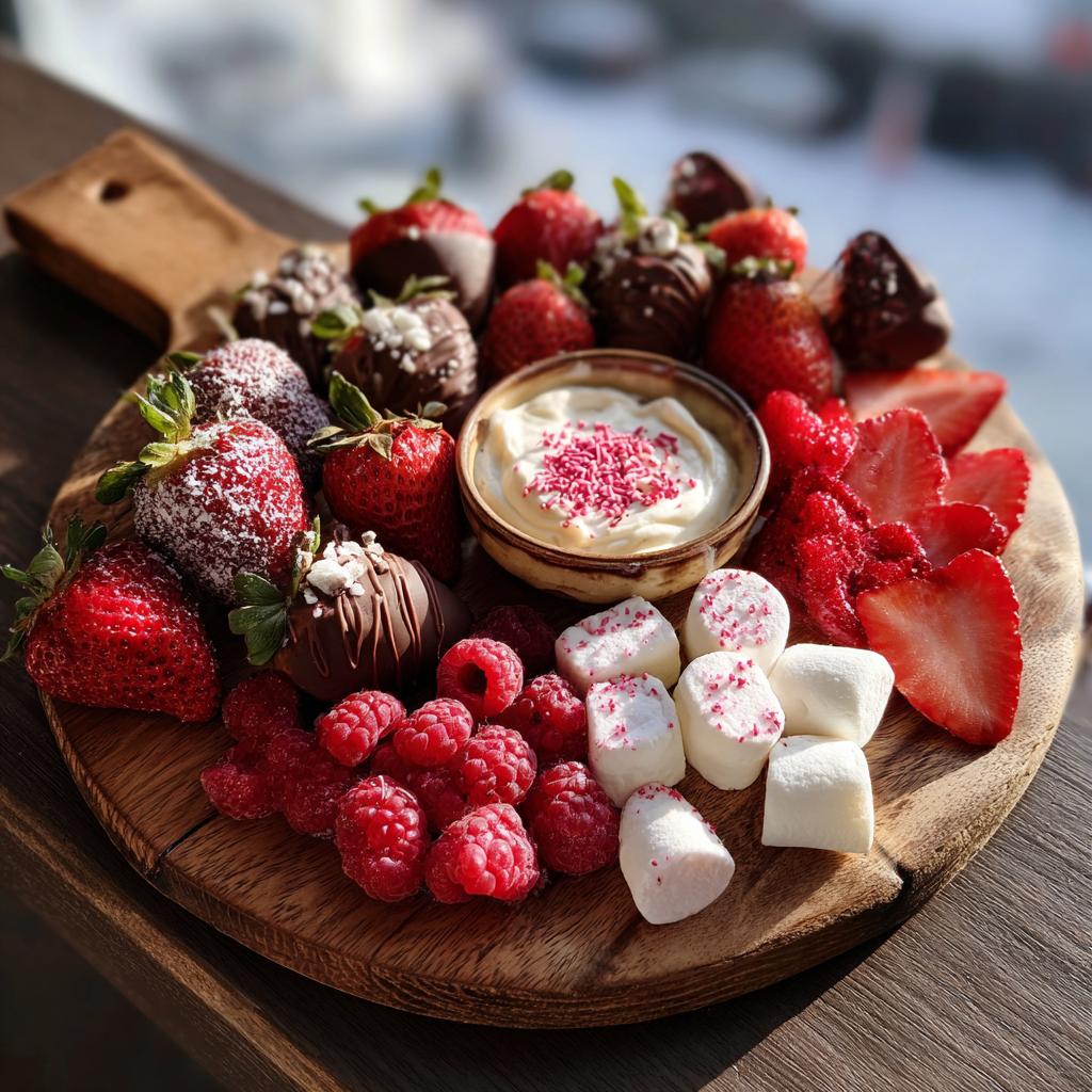 Valentines day charcuterie dessert board with strawberries, raspberries, marshmallows, chocolate, and cream dip