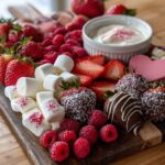 Valentines day charcuterie dessert board with strawberries, raspberries, marshmallows, chocolate-covered strawberries, and cream dip.