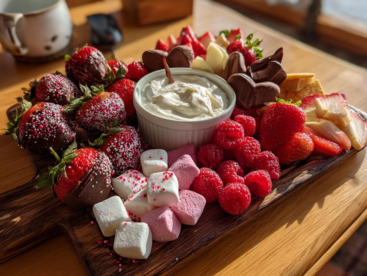 Valentines day charcuterie dessert board with chocolate-covered strawberries, raspberries, marshmallows, and cream dip.