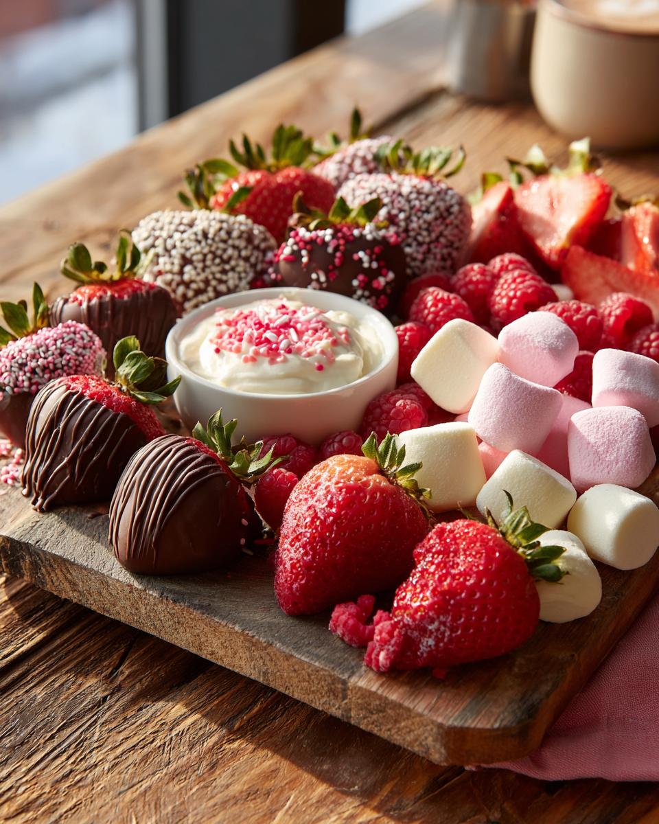 Valentines day charcuterie dessert board featuring chocolate-covered strawberries, marshmallows, raspberries, and a bowl of cream with sprinkles.