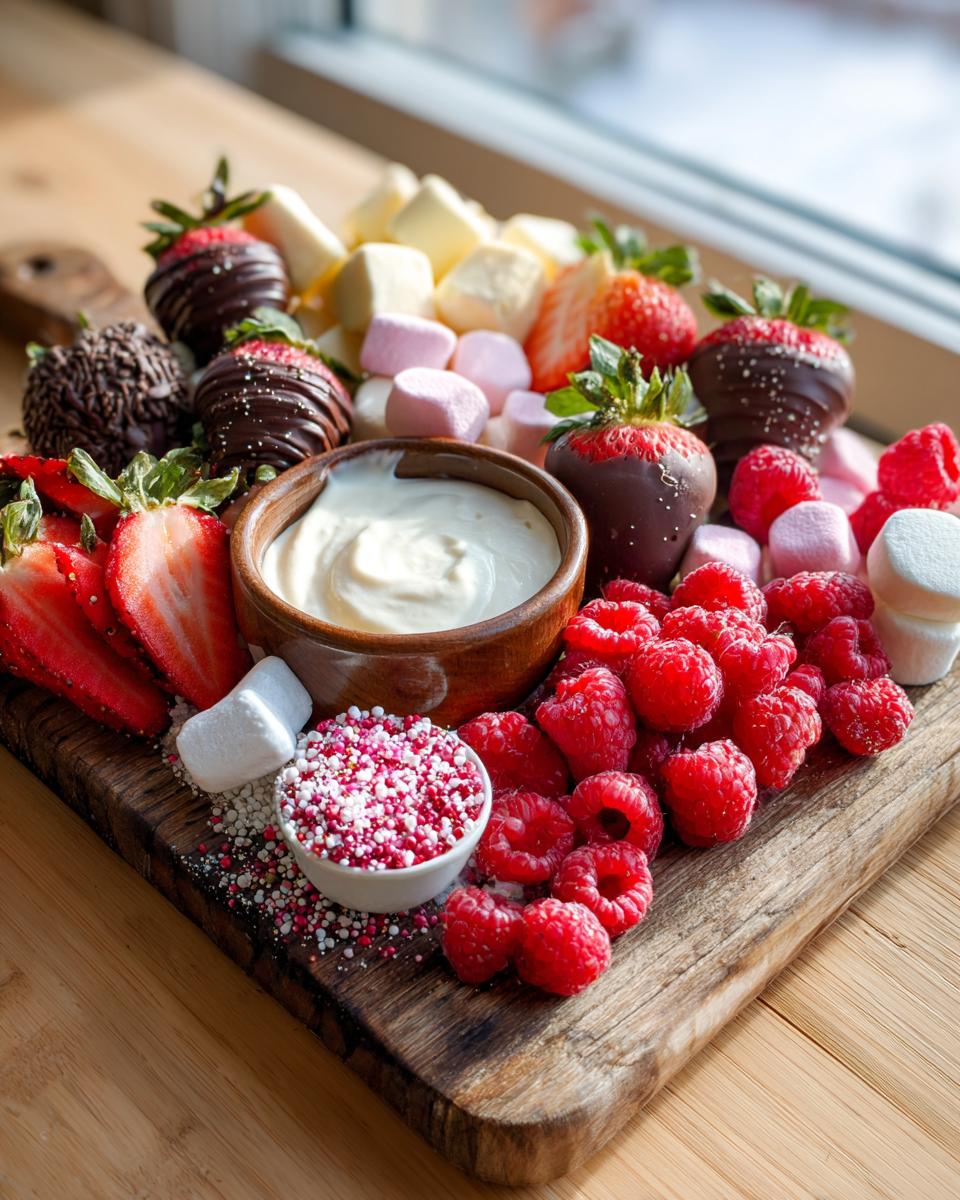 Valentines day charcuterie dessert board featuring chocolate-covered strawberries, raspberries, marshmallows, and cream dip.
