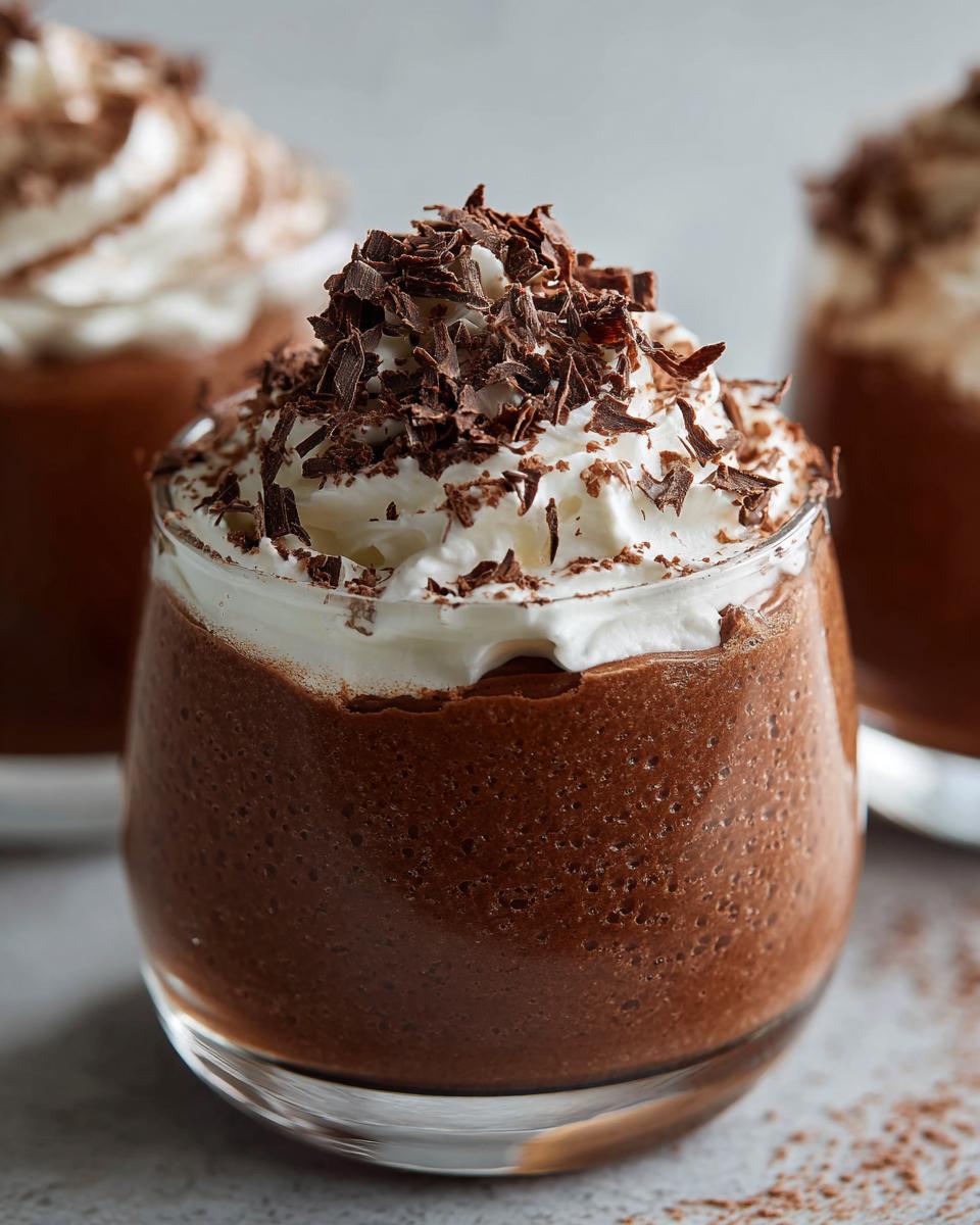 Glass of chocolate mousse topped with whipped cream and chocolate shavings for valentines day chocolate dessert ideas easy