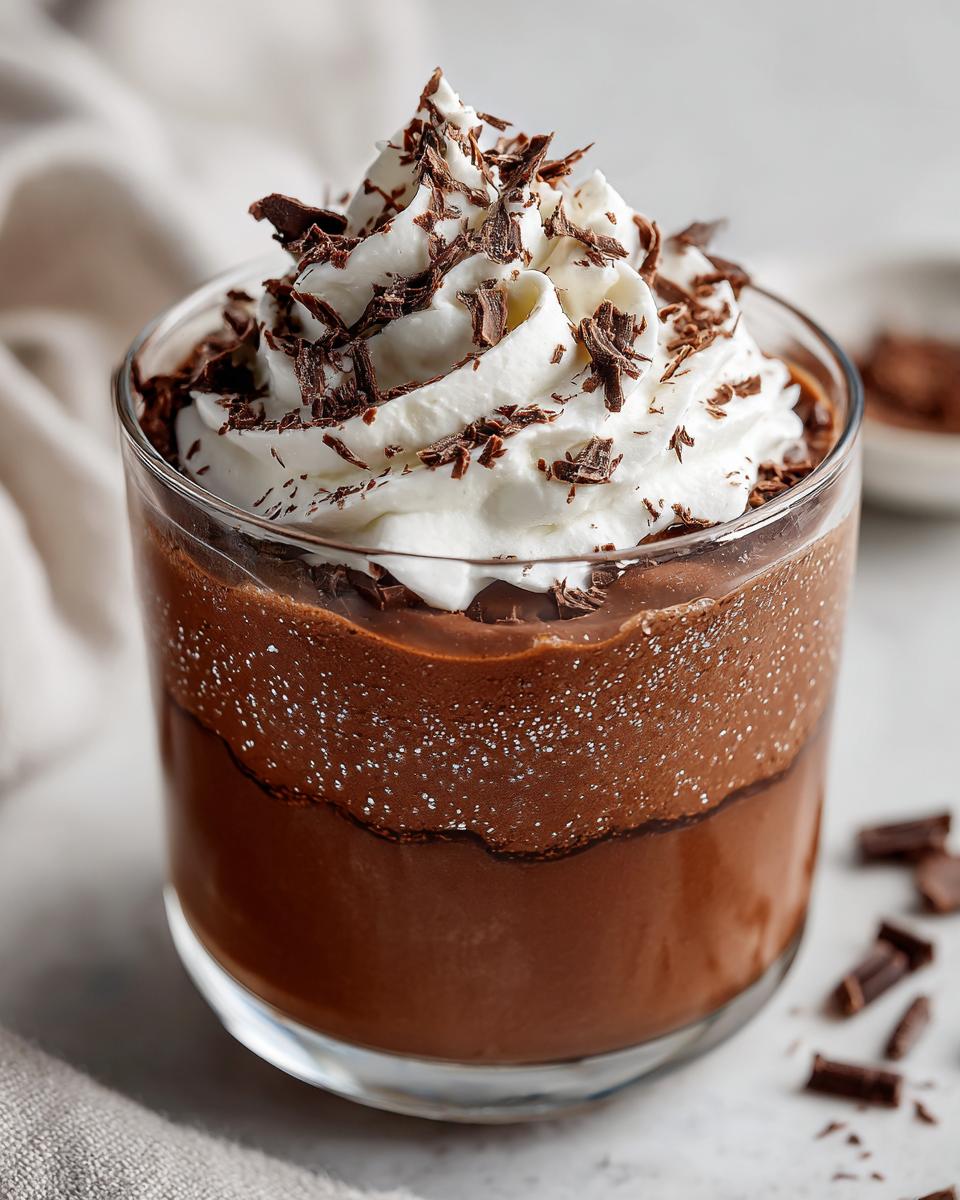 Glass of chocolate dessert topped with whipped cream and chocolate shavings for Valentine's Day chocolate dessert ideas easy