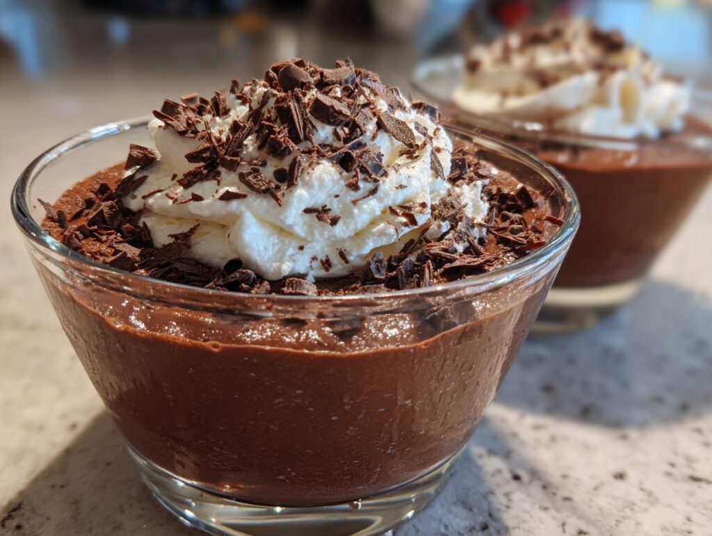 Glass cups of chocolate dessert topped with whipped cream and chocolate shavings