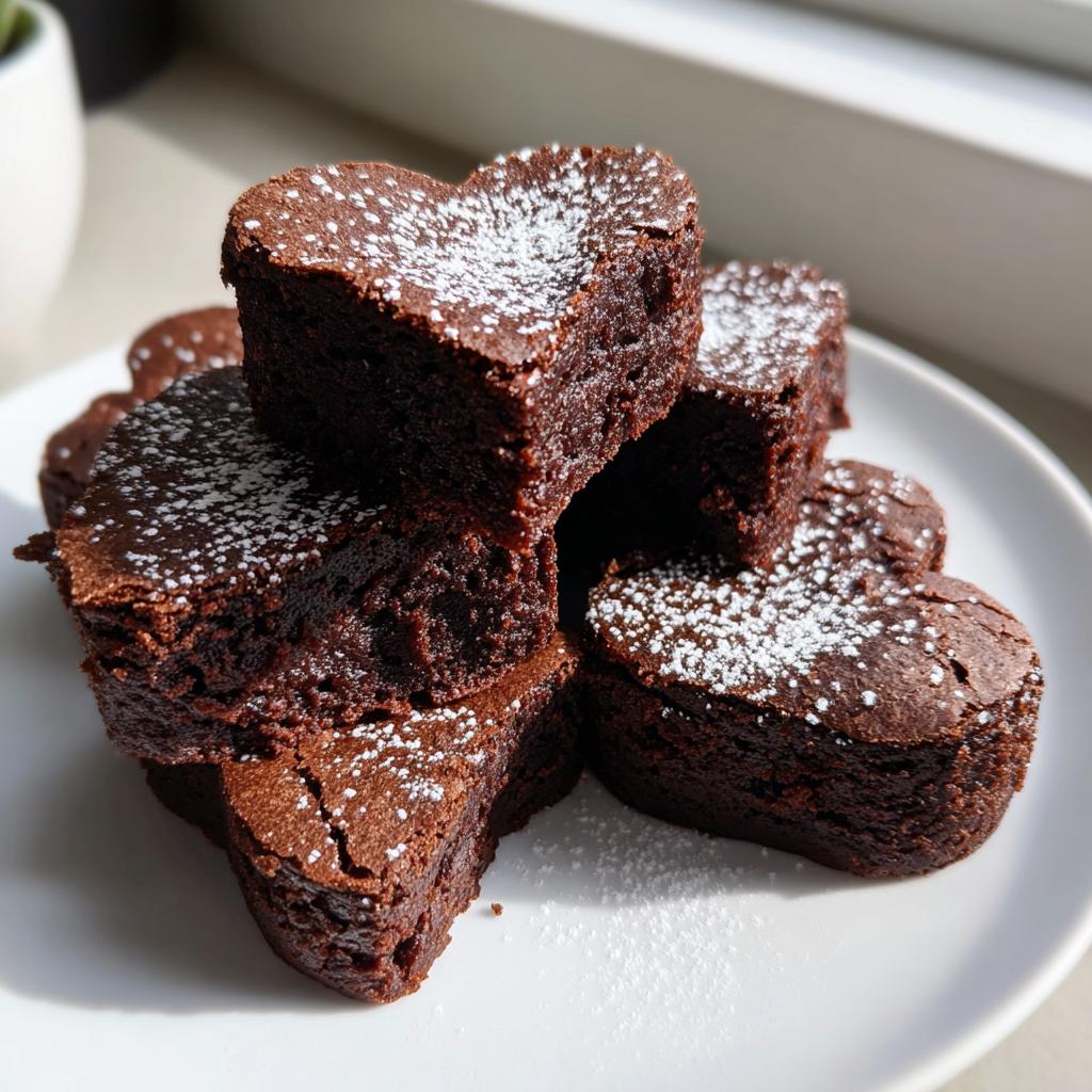 Stack of valentines heart shaped brownie bites dusted with powdered sugar on a white plate.