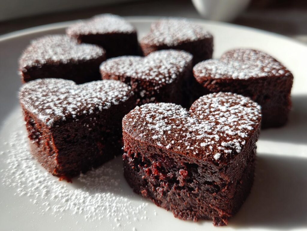 Close-up of valentines heart shaped brownie bites dusted with powdered sugar on a white plate.