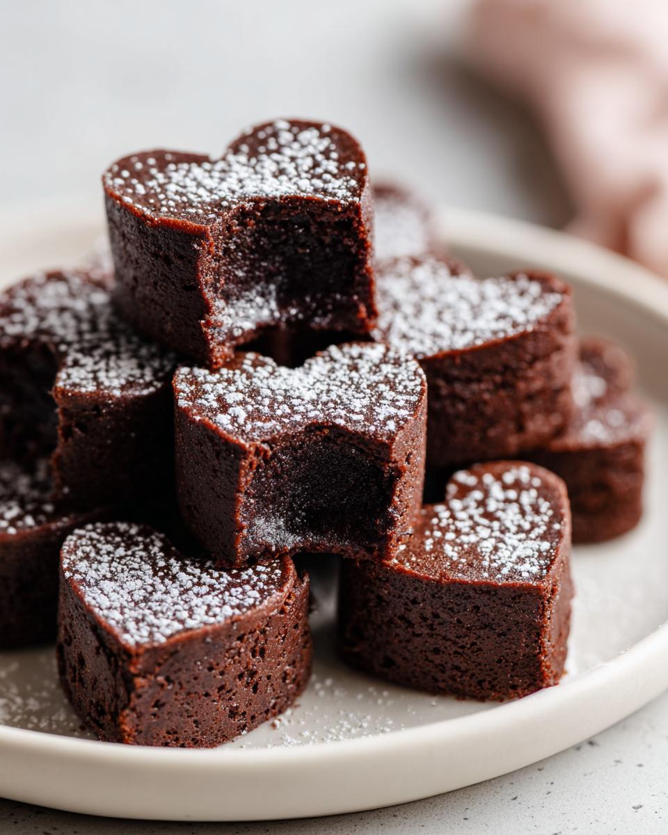 Close-up of valentines heart shaped brownie bites dusted with powdered sugar on a white plate.