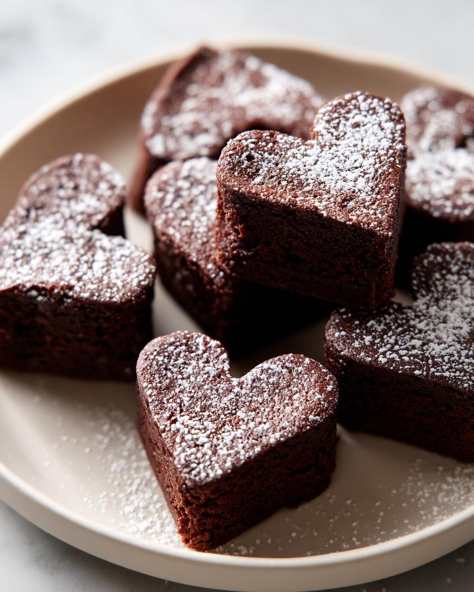 Heart shaped chocolate brownie bites dusted with powdered sugar on a beige plate.