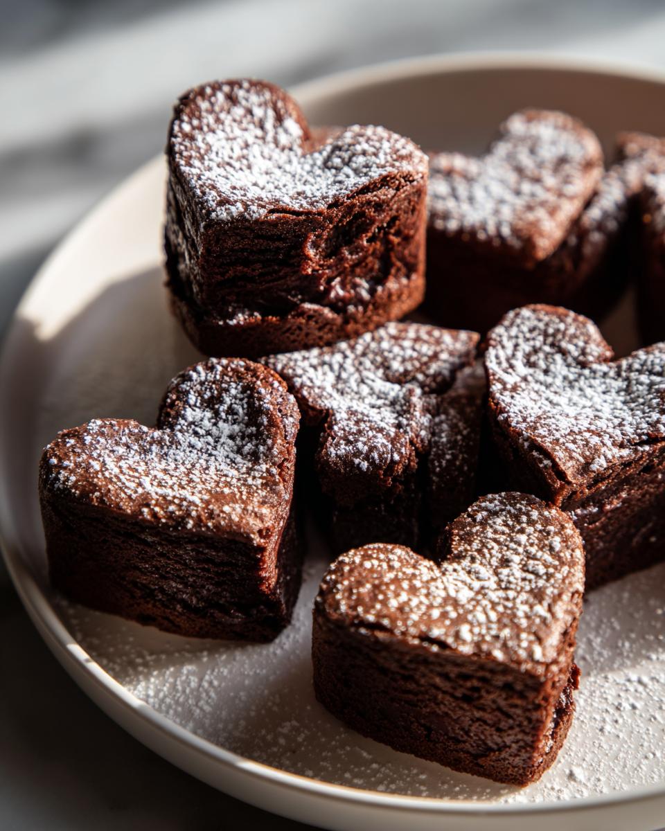 Close-up of valentines heart shaped brownie bites dusted with powdered sugar on a white plate.
