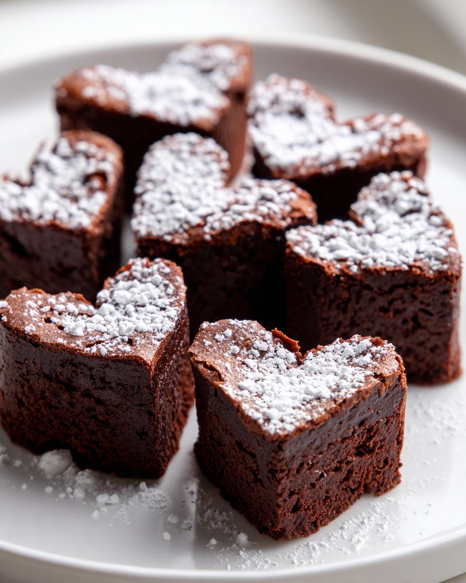 Heart shaped brownie bites dusted with powdered sugar on a white plate