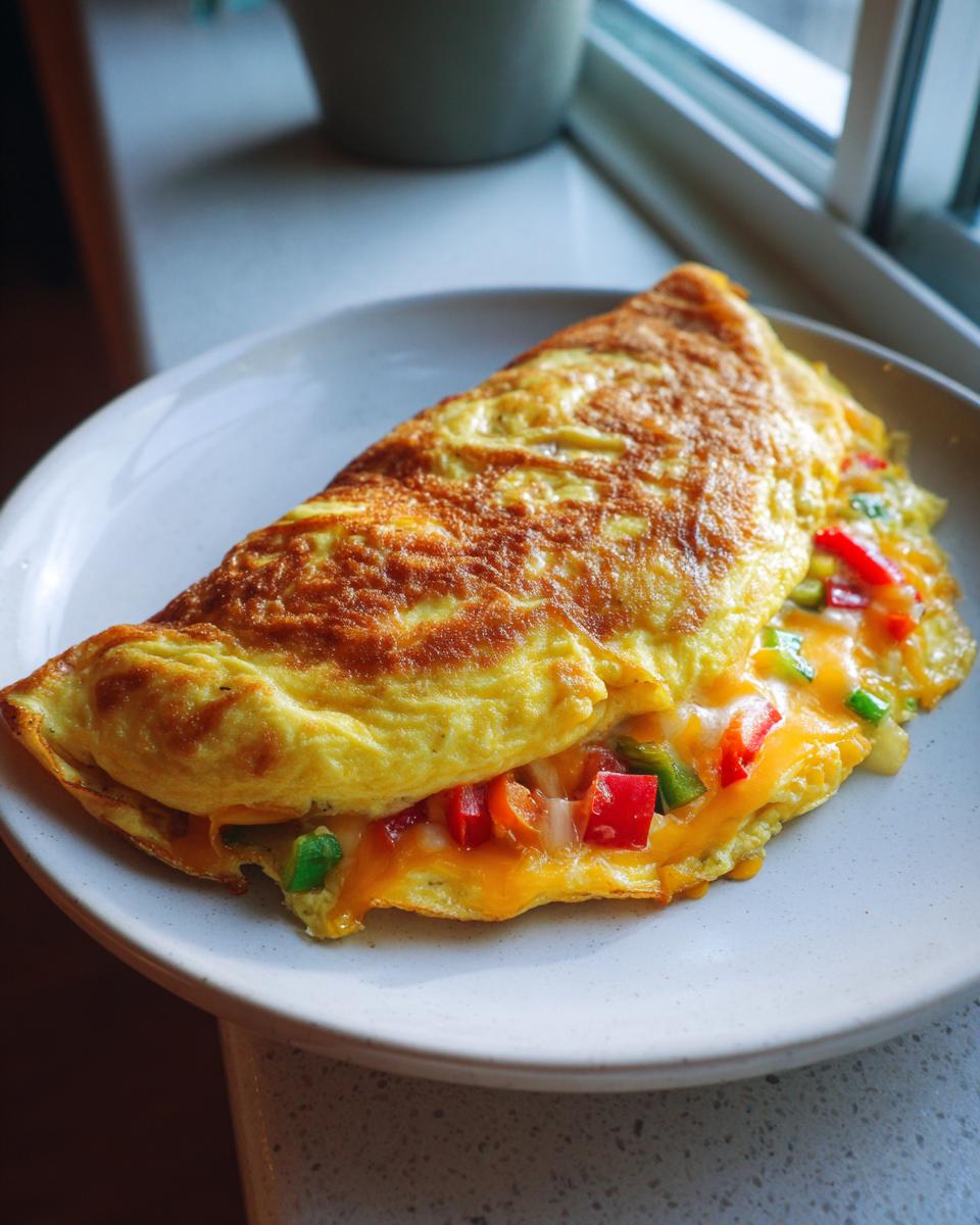 Golden veggie omelet breakfast quesadilla filled with melted cheese and colorful vegetables on a white plate.