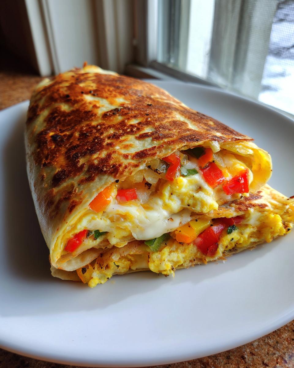 Golden brown veggie omelet breakfast quesadilla filled with eggs, cheese, and colorful bell peppers on white plate