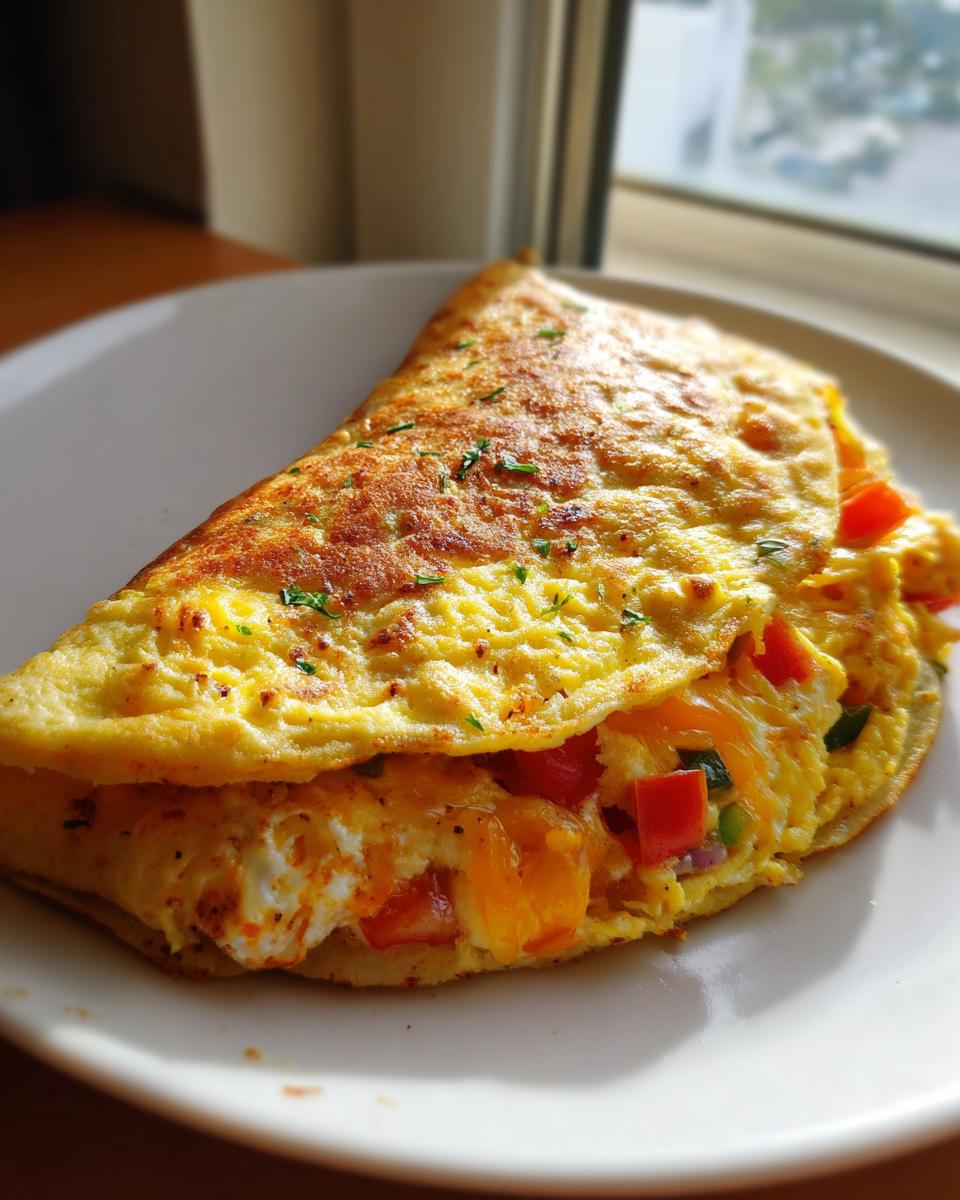 Close-up of a golden veggie omelet breakfast quesadilla filled with cheese and diced vegetables.