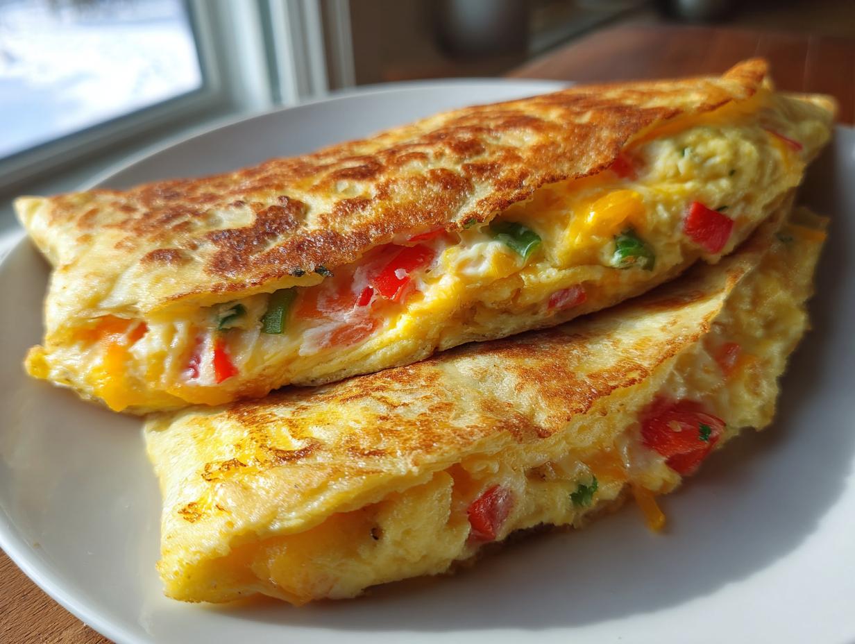 Golden brown veggie omelet breakfast quesadilla folded with colorful vegetables inside on a white plate.