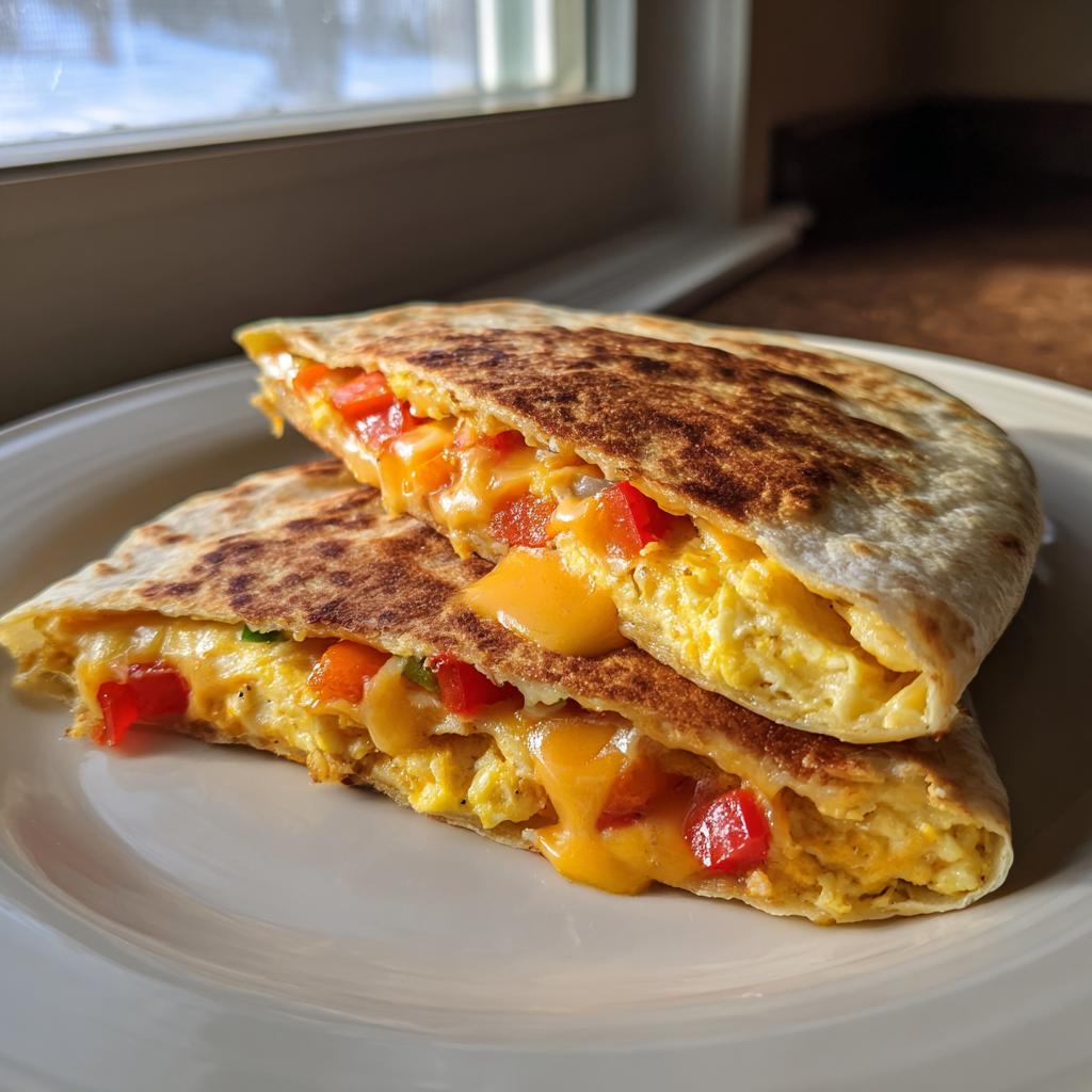 Close-up of a veggie omelet breakfast quesadilla with melted cheese and red peppers on a white plate.