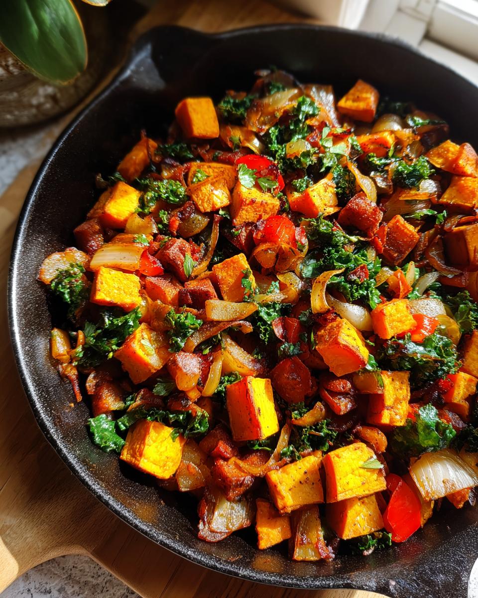 Cast iron skillet filled with veggie packed hash with sweet potatoes, onions, kale, and peppers.