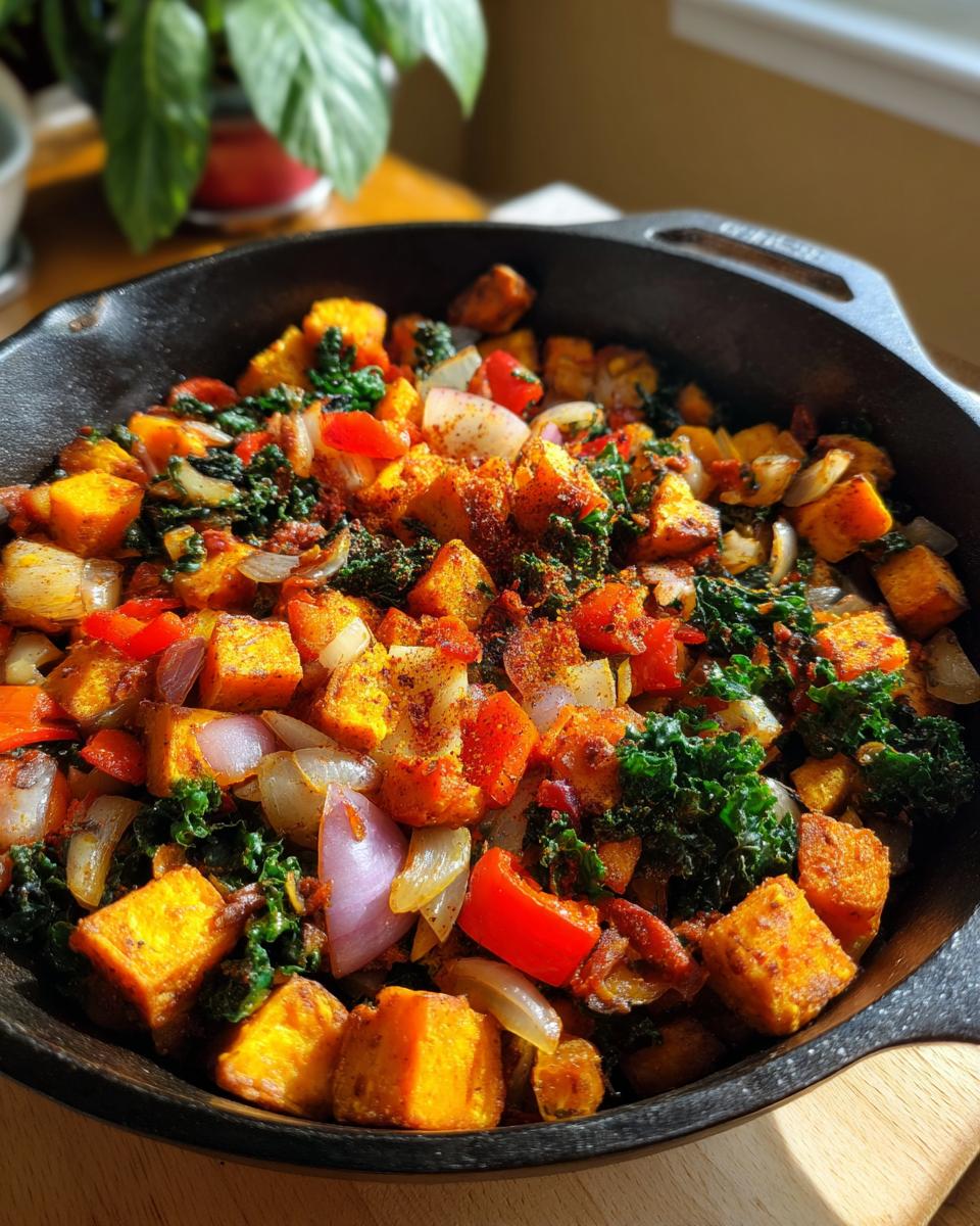 Cast iron skillet filled with veggie packed hash with sweet potatoes, onions, kale, and red bell peppers.