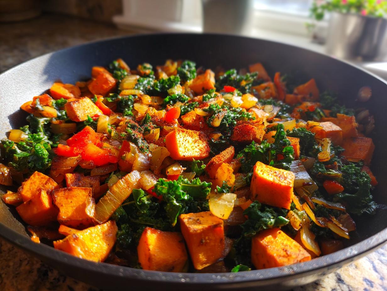 Skillet with veggie packed hash with sweet potatoes, kale, onions, and red peppers.