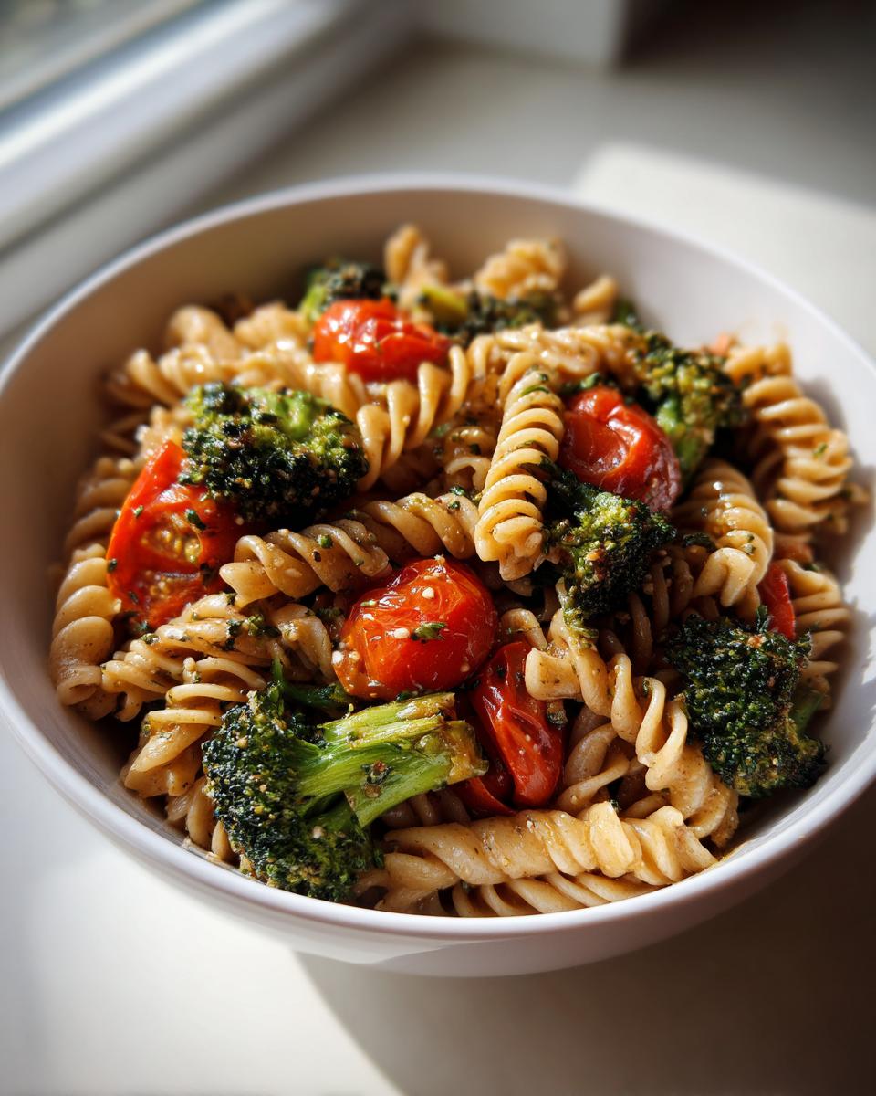 Bowl of whole wheat pasta with roasted broccoli and cherry tomatoes.