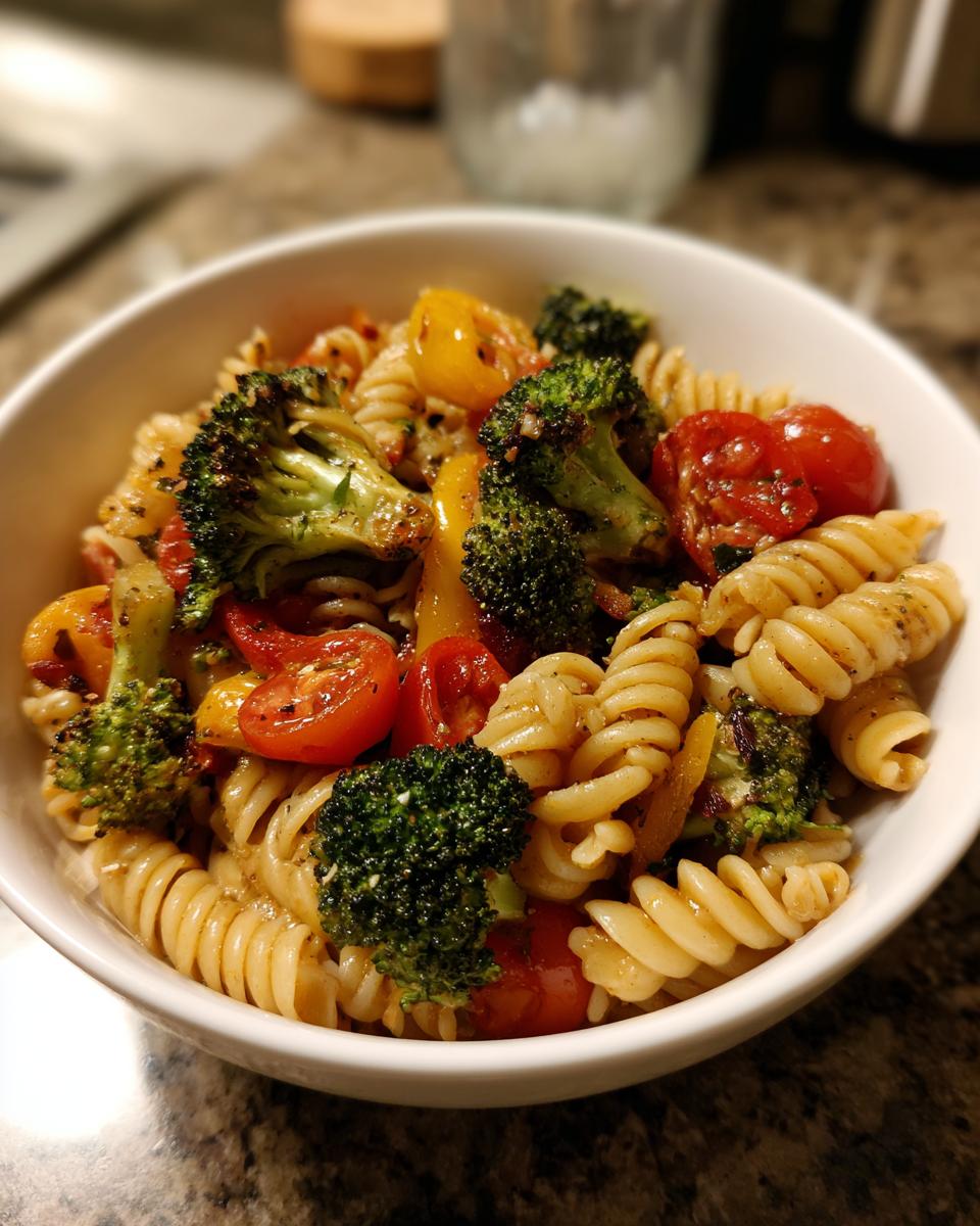 Close-up of whole wheat pasta with roasted broccoli, cherry tomatoes, and bell peppers in a white bowl.