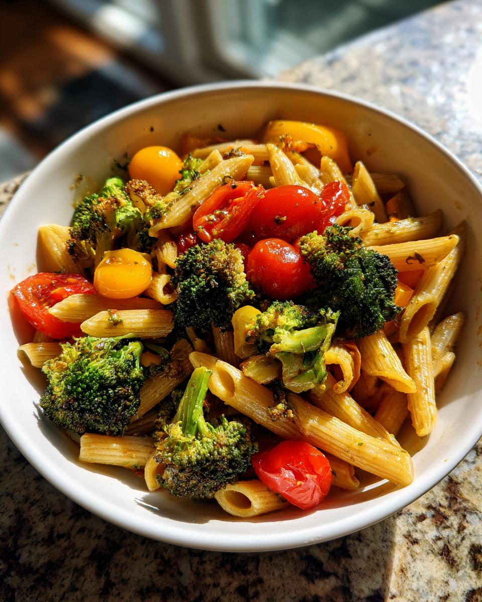 Bowl of whole wheat pasta with roasted broccoli and cherry tomatoes