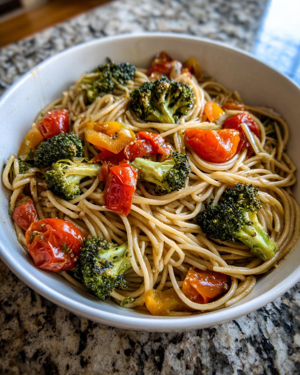Whole wheat pasta with roasted broccoli, cherry tomatoes, and bell peppers in a white bowl.