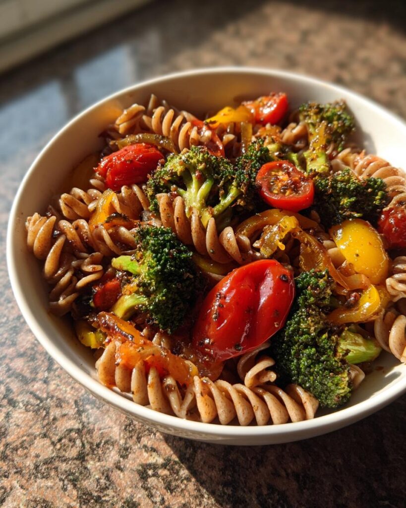 whole wheat pasta with roasted vegetables - Featured