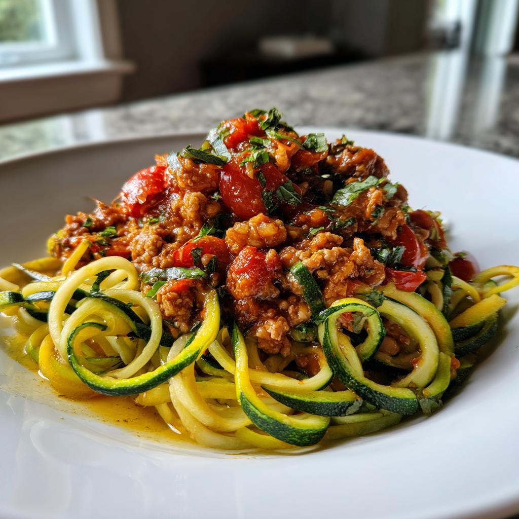 Plate of zucchini noodles topped with turkey meat sauce and fresh herbs