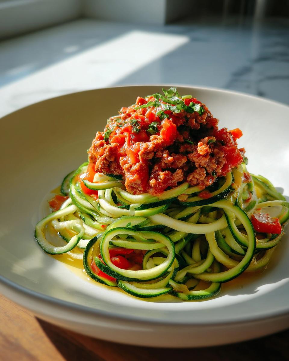 Plate of zucchini noodles topped with turkey meat sauce and garnished with herbs.