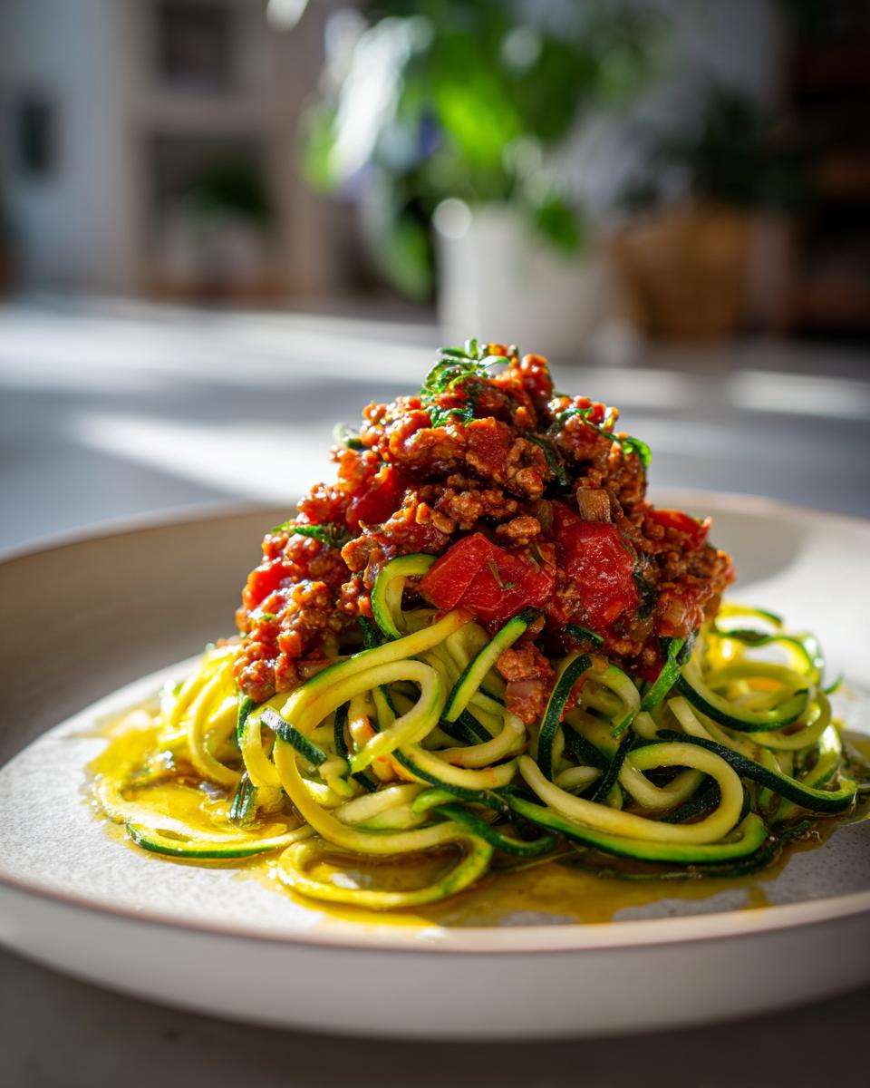 Plate of zucchini noodles topped with turkey meat sauce and diced tomatoes.