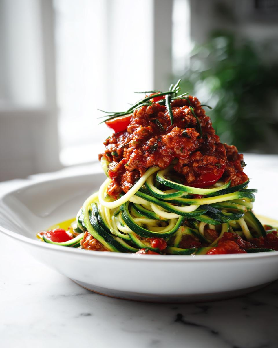 Plate of zucchini noodles topped with turkey meat sauce and garnished with herbs