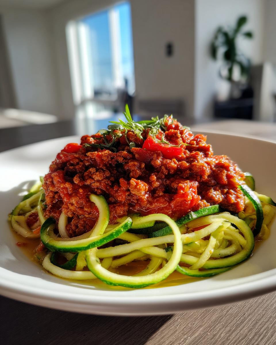Plate of zucchini noodles topped with turkey meat sauce and garnished with herbs