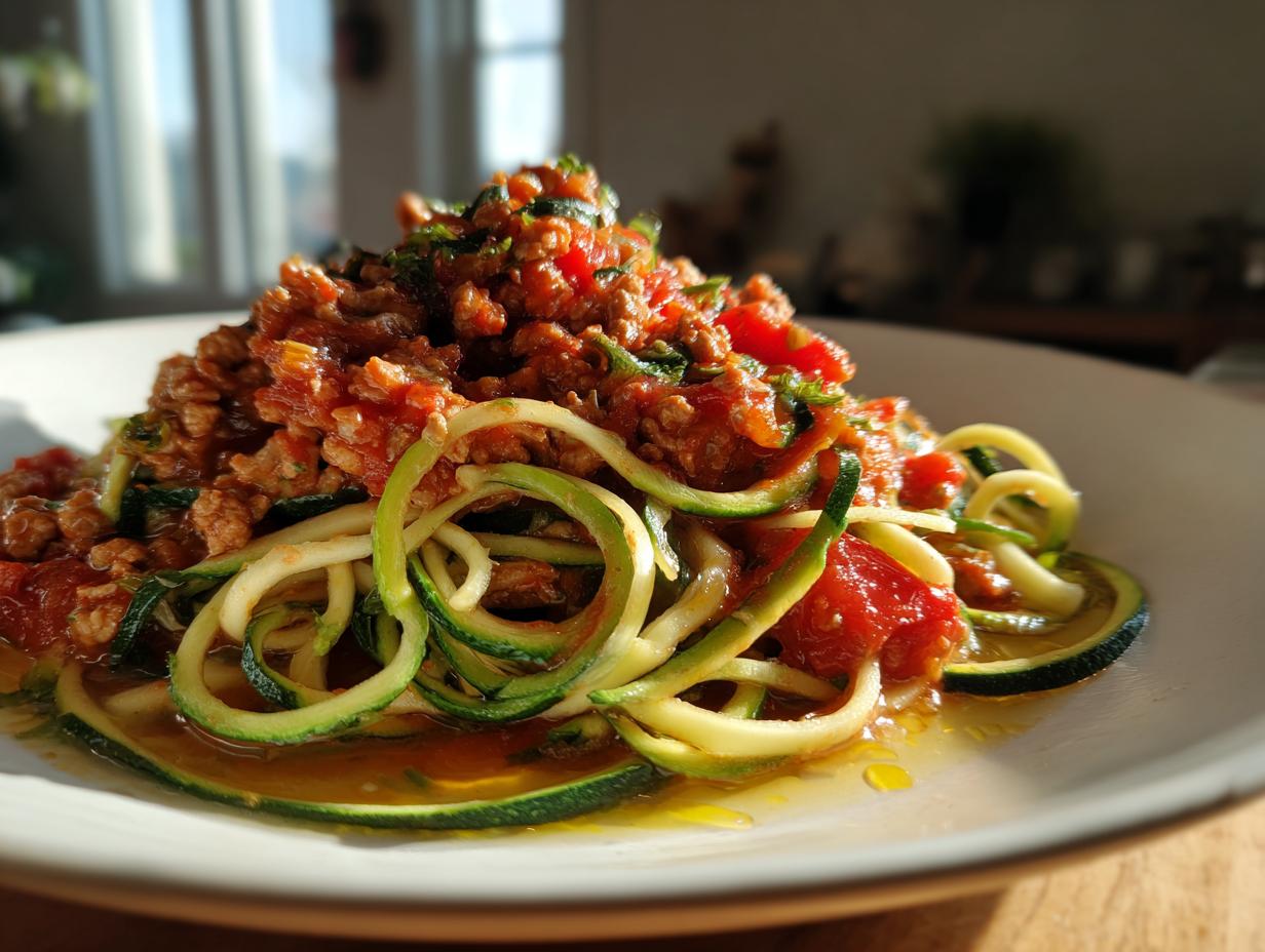 Plate of zucchini noodles topped with turkey meat sauce and tomato chunks.